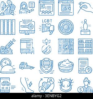 Blue hand drawn icons showcasing a comprehensive collection of diverse concepts, including online services, health, food, security, and community enga Stock Vector