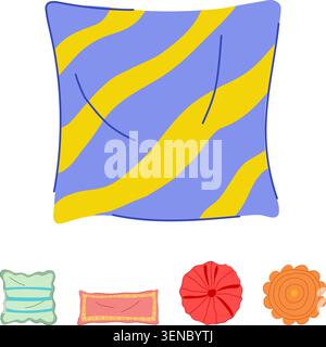 Colorful assortment of soft decorative pillows and cushions in various shapes and patterns, adding cozy, modern style and comfort to living rooms, bed Stock Vector