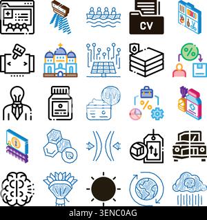 Set of assorted isometric and line art icons representing various concepts including business, technology, finance, health, environment, and communica Stock Vector