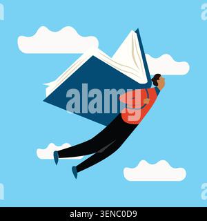 Creative flat vector illustration of a person soaring through the sky with an open book, representing education, knowledge, imagination, literacy, lea Stock Vector