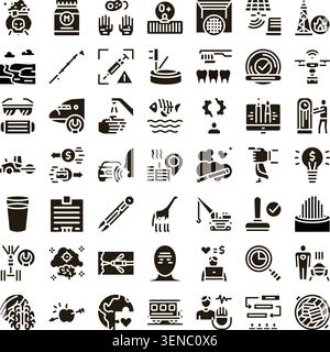 Collection of diverse black and white glyph icons representing various concepts across multiple fields, including technology, science, health, environ Stock Vector