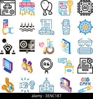 Diverse collection of line and isometric icon pictograms depicting concepts ranging from technology, artificial intelligence, automotive, health, prin Stock Vector