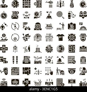 Visualizing a diverse collection of black and white glyph icons representing various concepts of business development, data analysis, technology, secu Stock Vector