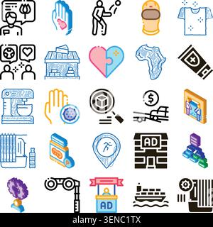 Variety of flat line and isometric doodle style icons illustrating concepts related to communication, helping, business, lifestyle, technology, and he Stock Vector