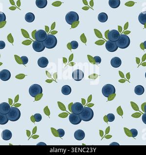 Seamless pattern of blueberries and green leaves on light blue background, fresh and natural fruit design for textiles, wallpapers, packaging Stock Vector