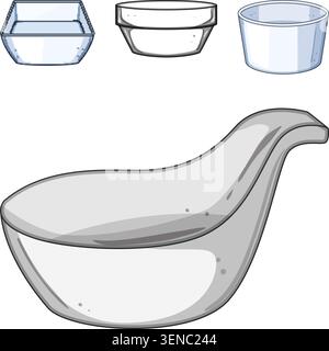 Kitchen dinnerware set featuring a classic gravy boat and assorted small dipping bowls for sauces, condiments and dressings, clean white tableware for Stock Vector