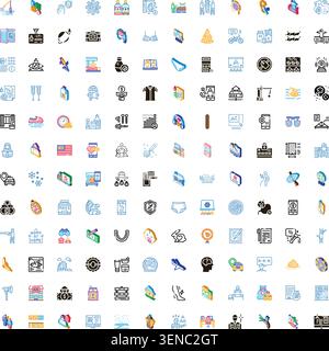 Collection of colorful outline glyph icons covering everyday objects, activities, concepts and ui elements for apps, web design, infographics and digi Stock Vector