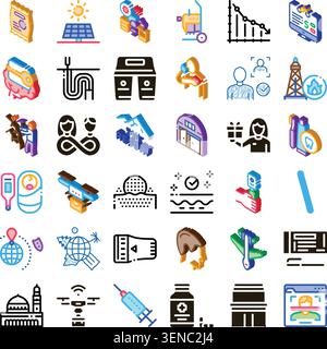 Drawing a diverse set of isometric icons representing themes like business, health, sustainable energy, data analysis, construction, social interactio Stock Vector