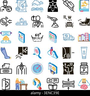 Diverse icon set illustrating different concepts, industries, and daily activities, useful for web designs, applications, and infographics presenting Stock Vector