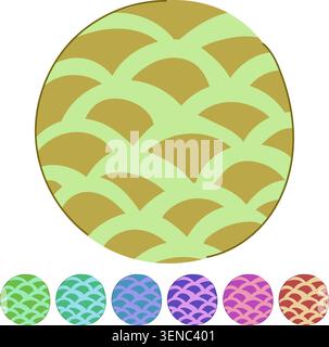 Circular graphic design element displaying a classic japanese seigaiha pattern with red fan like shapes on a beige background, symbolizing ocean waves Stock Vector