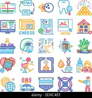 Set of diverse line icons representing various concepts including business transactions, healthcare services, security measures, travel planning, and Stock Vector