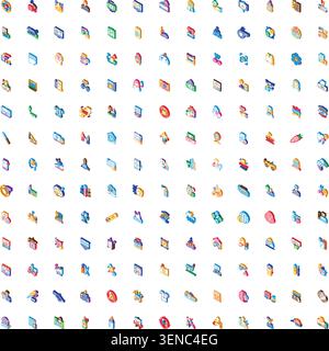 Isometric icons covering diverse concepts from business, technology, finance, and online communication to social media, health, travel, and shopping, Stock Vector