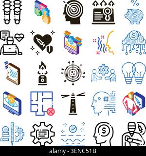 Various business strategy, technology, health, and finance icons creating a comprehensive conceptual grid, illustrating innovation, problem solving, a Stock Vector