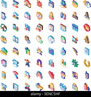 Isometric icon collection featuring diverse symbols related to business, technology, finance, services, and daily life, providing a graphic design set Stock Vector