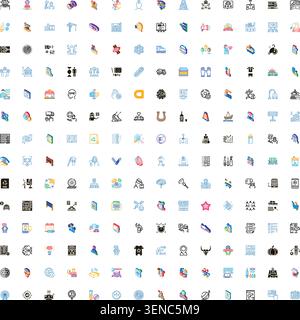 Large collection of diverse isometric icon set illustrating a wide range of concepts including business, technology, education, health, lifestyle, and Stock Vector