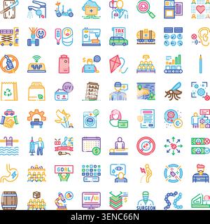 Set of colorful linear icons displaying various concepts related to business, industry, health, technology, transportation, finance, environment, and Stock Vector