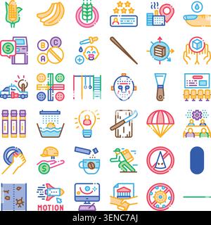 Variety of colorful outline icons illustrating concepts related to web and digital applications, agriculture, science, industry, law, and everyday act Stock Vector