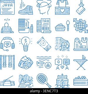 Collection of hand drawn scratch style icons illustrating various aspects of daily life, hobbies, business, technology, and common concepts, depicting Stock Vector