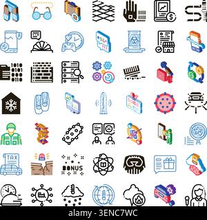 Isometric icons representing a broad range of concepts, including technology, business, education, science, healthcare, services, and everyday items, Stock Vector