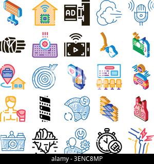 Diverse collection of isometric icons illustrating various concepts from technology, health, sports, communication, marketing, logistics, and industri Stock Vector