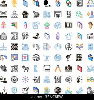 Set of assorted linear and isometric icons depicting a wide range of themes, objects, and industries, suitable for web design, applications, presentat Stock Vector