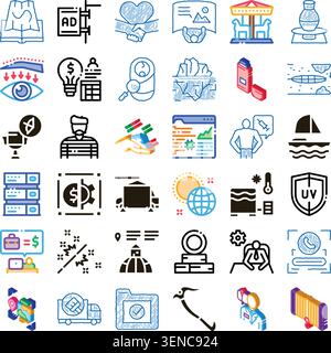 Variety of outline and glyph icons depicting concepts related to business, technology, social issues, medicine, and the environment for diverse digita Stock Vector