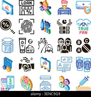 Set of isometric and line icons presenting various business and service concepts including loan, fingerprint security, creative art, payment, healthca Stock Vector