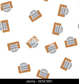 pattern section of an architectural barrier featuring a curved black wrought iron fence or gate with spikes and supporting brickwork, creating a secur Stock Vector