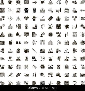 Large collection of diverse glyph icons exploring business, finance, technology, communication, health, food, and various social concepts for web and Stock Vector
