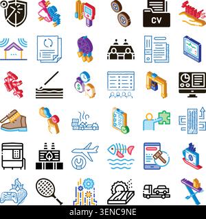 Variety of colorful isometric 3d icons depicting concepts from security and data management to logistics, health, and career development, suitable for Stock Vector