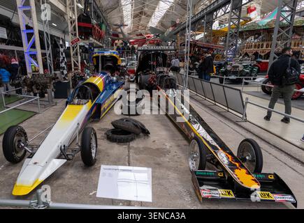Speyer, Germany - 9 Feb 25: Panoramic view of dragster racing cars and motorsport exhibits inside Technik Museum Speyer in Speyer, Rhineland-Palatinat Stock Photo