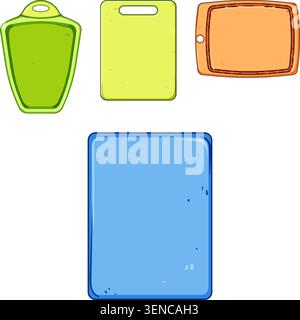 Assortment of colorful plastic cutting boards in various shapes and sizes, providing kitchen utensil options for diverse food preparation tasks and cu Stock Vector
