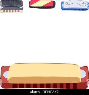 Collection of colorful harmonicas in various classic and modern designs, perfect for blues, folk, country, rock and jazz musicians, isolated on white Stock Vector