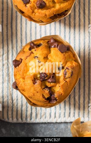 Homemade Sweet Chocolate Chip Muffins for Breakfast in a Wrapper Stock Photo
