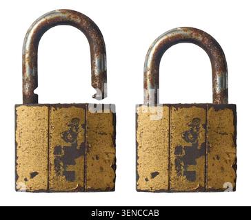 old rusty padlocks isolated white background, open and closed weathered brass security locks Stock Photo