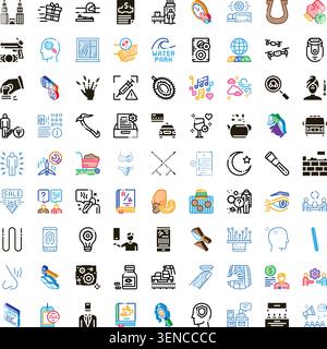 Variety of colorful and black and white icons representing diverse business, healthcare, technology, travel, and personal lifestyle concepts on a clea Stock Vector
