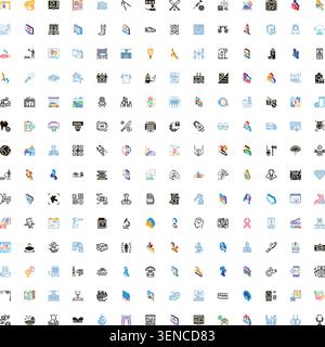 Variety of colorful and monochromatic icons illustrating themes of internet, cryptocurrency, education, industry, health, transportation, entertainmen Stock Vector