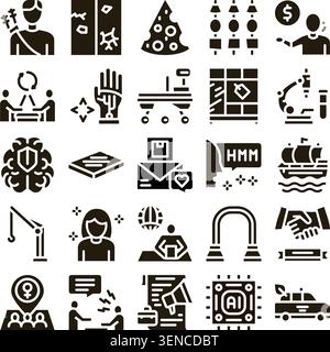 Set of diverse glyph icons depicting concepts related to business, science, technology, communication, exploration, and daily activities, useful for w Stock Vector