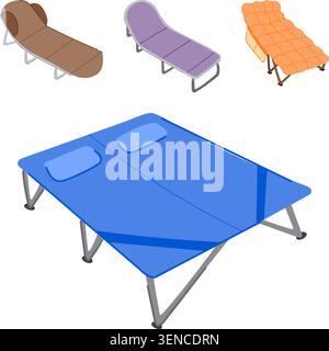 Collection of colorful camping cots and portable beds, including a large blue double cot and various single lounge designs, representing comfort and r Stock Vector