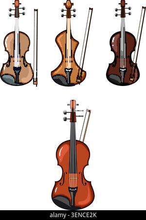 Group of four different stringed musical instruments and bows displaying varied shapes and brown color tones, representing concepts of music education Stock Vector