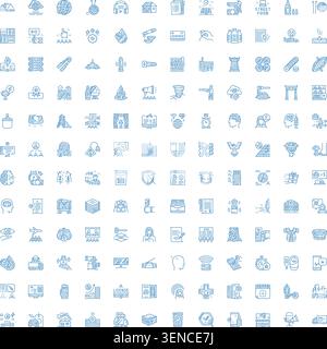 Assorted blue doodle style line icons set illustrating business, tech, health, travel, food, shopping and communication concepts for web and mobile ui Stock Vector