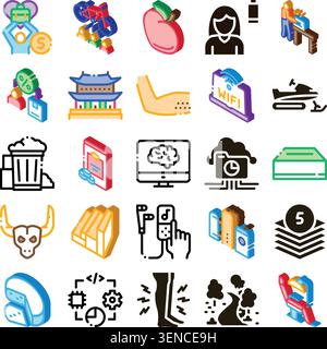 Set of diverse isometric icons illustrating concepts across finances, travel, health, technology, leisure, and daily life, depicting a broad range of Stock Vector