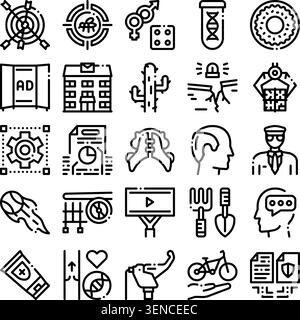 Line art icon set of versatile symbols covering business, health, biology, technology, agriculture, sports and everyday activities for editorial, web Stock Vector