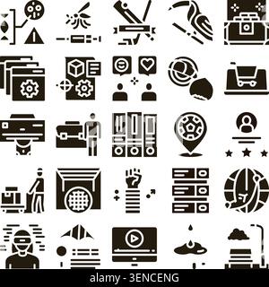 Set of minimalist glyph icons illustrating various concepts including data management, social networking, logistics, virtual reality, and ecological i Stock Vector