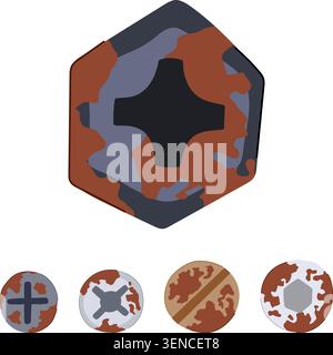 Assortment of corroded screw and bolt heads with varied drives - phillips, slotted, hex, pozi - showing rust, wear and metal degradation against a whi Stock Vector