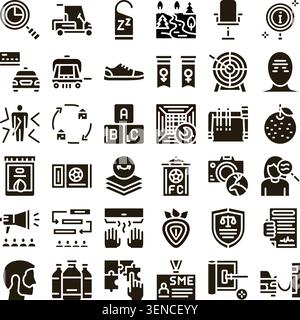 Variety of silhouette icons illustrating concepts ranging from business strategy, leisure activities, health, food, and daily life essentials, designe Stock Vector