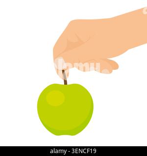 Hand holding fresh green apple by its stem Stock Vector