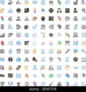Set of numerous pixel perfect glyph style icons representing various themes, ideas, and industries, offering a broad range of visual metaphors for dig Stock Vector