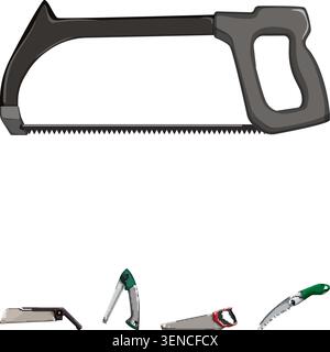 Set of various hand tools, including a large bow saw and three smaller types like folding saws and cutting instruments, depicted as an illustration on Stock Vector