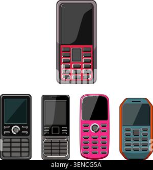 Collection of different button mobile phones, including models with keypads and screens, symbolizing past communication technology and cellular device Stock Vector